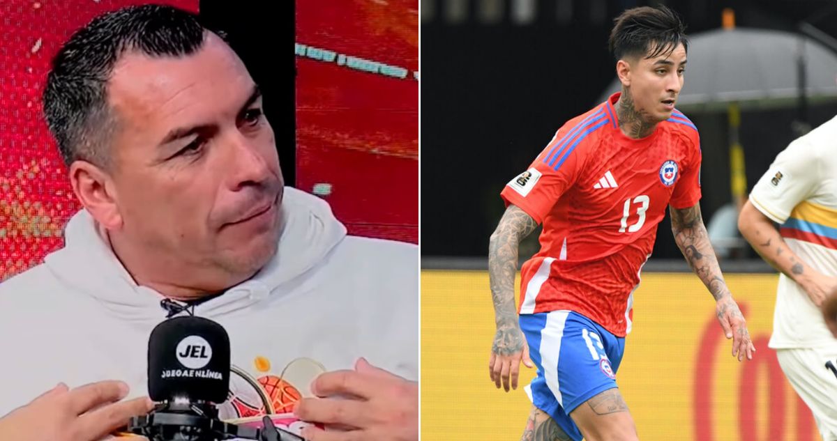 Composición de un panel televisivo y un futbolista de la selección chilena durante un partido internacional.